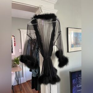 Savage X Fenty Sheer Black Feather Trim Robe